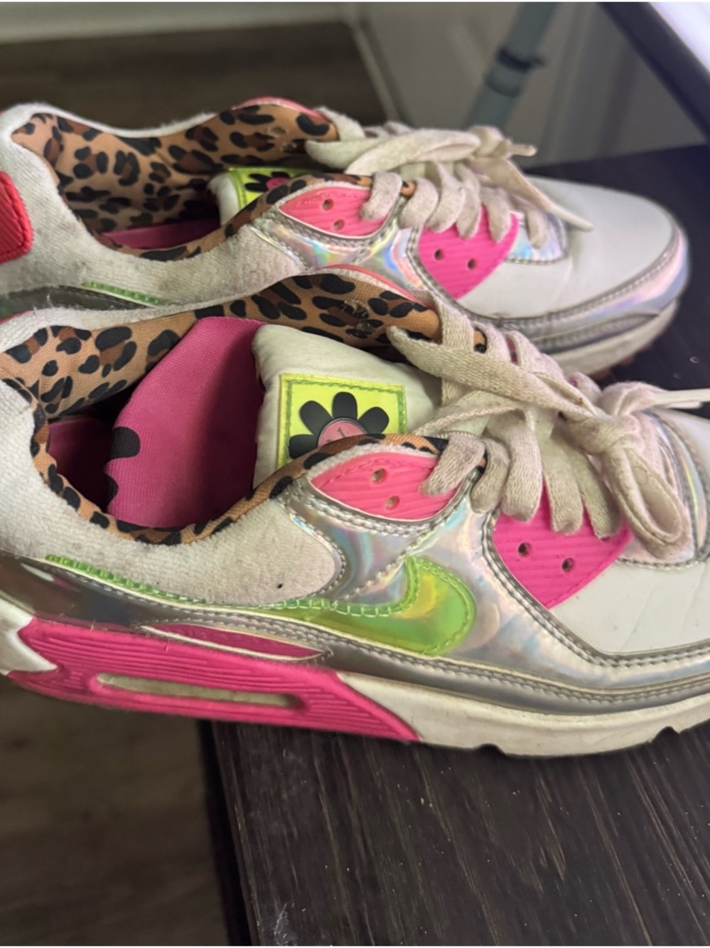 Worn Nike Air Max Iridescent White with Hot Pink & Neon Yellow Accents - Picture 2 of 2